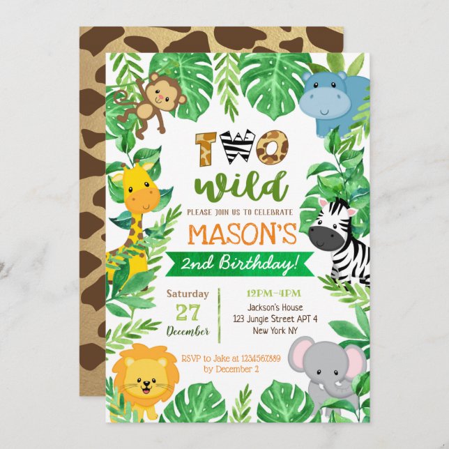 Two Wild 2nd Birthday Safari Animals Invitations (Front/Back)