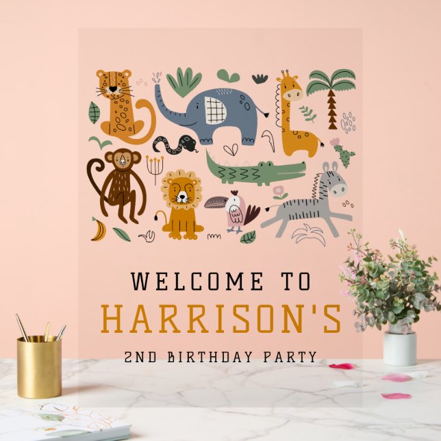 Two Wild 2nd Birthday Safari Animals Kids Welcome Acrylic Sign (Wedding)