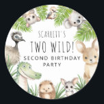 Two Wild! Aussie Animal Birthday Party Classic Round Sticker<br><div class="desc">Experience the wild side of party planning with our unique 'Two Wild!' 2nd Birthday Kids Australian animal-themed birthday party stickers. This contemporary design fuses whimsical watercolor Aussie animals with trendy typography.</div>