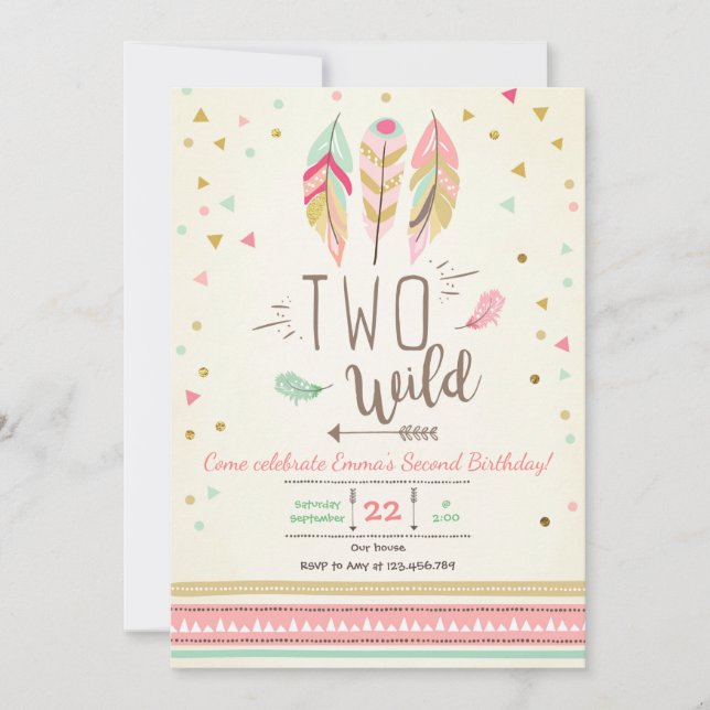 Two Wild Birthday Girl Pink Gold 2nd Boho Feathers Invitation (Front)