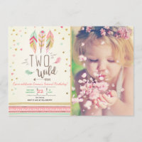 Two Wild Birthday Girl Pink Gold 2nd Boho Feathers