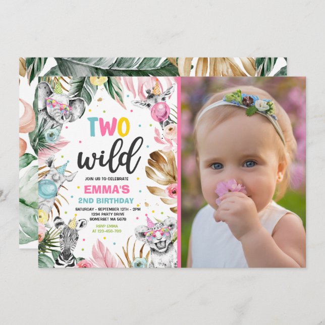 Two Wild Birthday Gold Safari Jungle Animals Party Invitation (Front/Back)