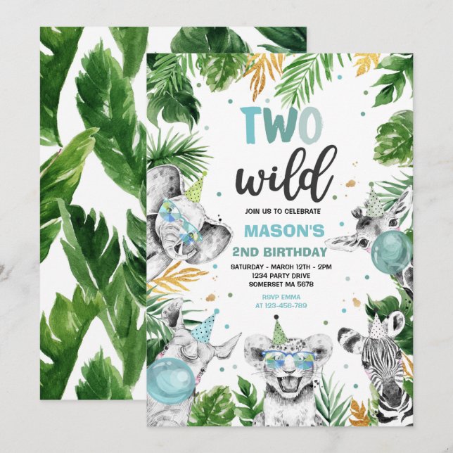 Two Wild Birthday Gold Safari Jungle Animals Party Invitation (Front/Back)