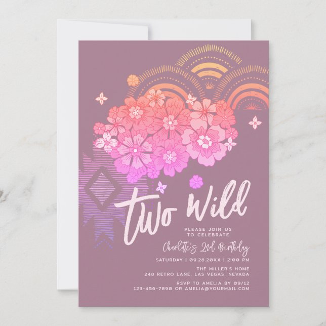 Two Wild Boho Floral Groovy 2nd Birthday Party Invitation (Front)