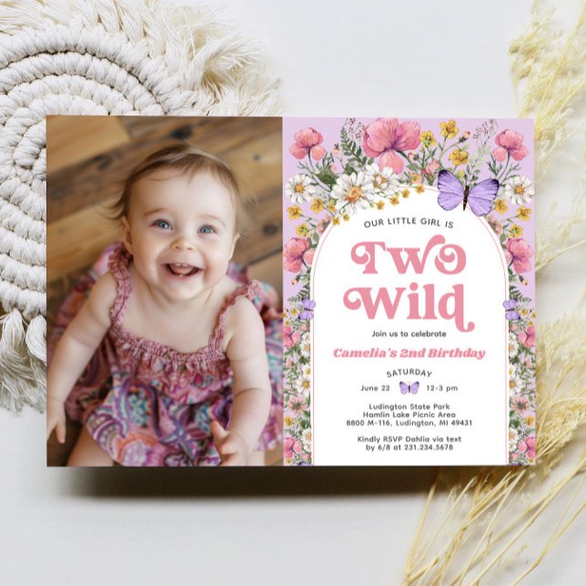 Two Wild Butterfly Wildflower 2nd Birthday Photo Invitation (Two Wild Butterfly Wildflower 2nd Birthday Photo Invitation)