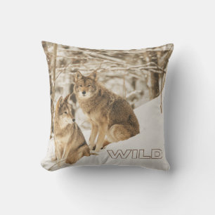 Two Wild Coyotes Sitting in Winter Snow Wilderness Cushion
