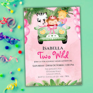 Two Wild Cute Safari Animals Girls 2nd Birthday  Invitation
