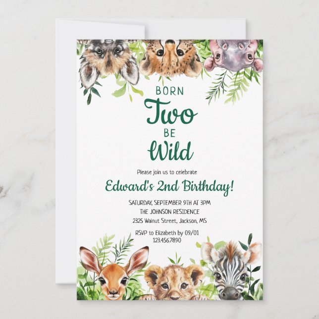 Two Wild Cute Watercolor Safari Animals Birthday Invitation (Front)