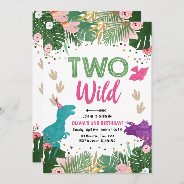 Two Wild Dino Party Girl Pink Dinosaur Birthday Invitation (Front/Back)