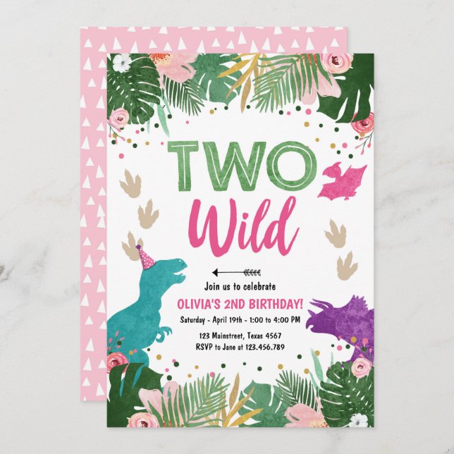 Two Wild Dino Party Girl Pink Dinosaur Birthday Invitation (Front/Back)