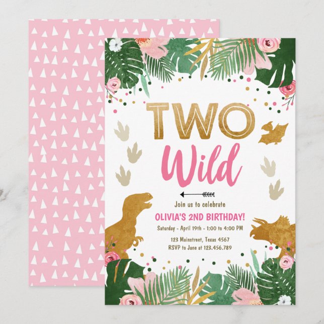 Two Wild Dino Party Girl Pink Dinosaur Birthday Invitation (Front/Back)