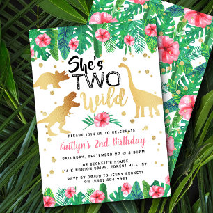 Two Wild Dinosaur Girls 2nd Birthday Invitation