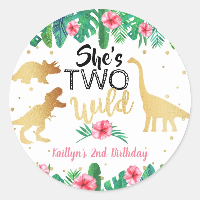 Two Wild Dinosaur Girls 2nd Birthday Party Favour Classic Round Sticker (Front)