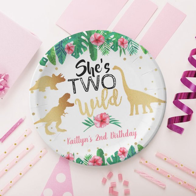 Two Wild Dinosaur Girls 2nd Birthday Party Paper Plate (Creator Uploaded)