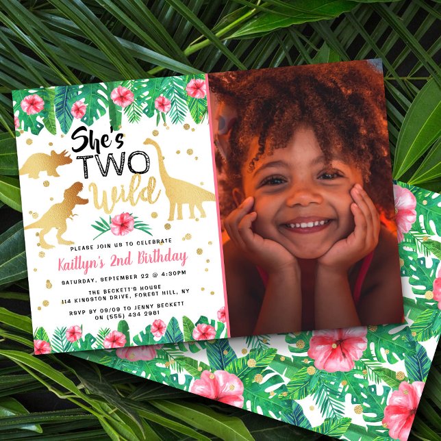 Two Wild Dinosaur Girls 2nd Birthday Photo Invitation (Creator Uploaded)