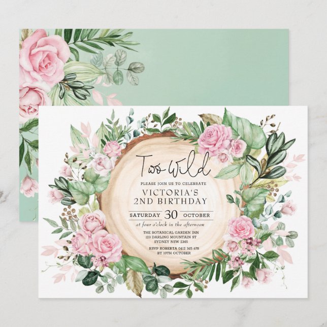 Two Wild Dusty Pink Roses Greenery 2nd Birthday Invitation (Front/Back)