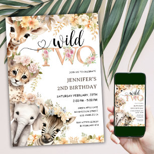 Two Wild   Girl Safari Jungle 2nd Birthday Invitation