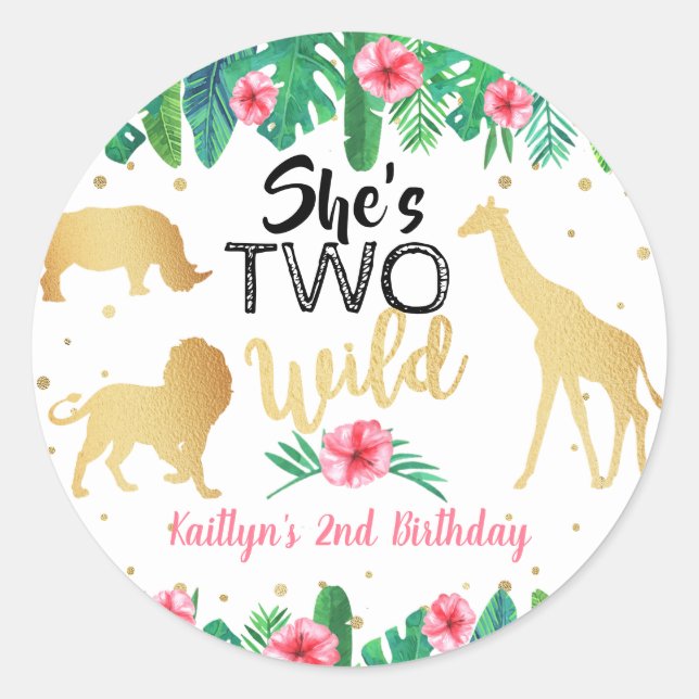 Two Wild Girls Second Birthday Party Favour Classic Round Sticker (Front)