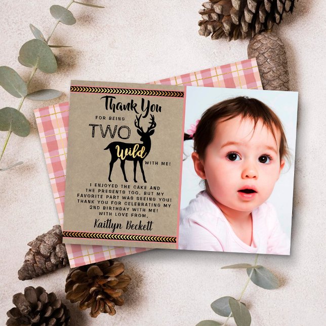 Two Wild Girls Woodland Deer 2nd Birthday Photo Thank You Card (Creator Uploaded)