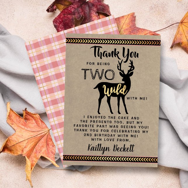 Two Wild Girls Woodland Deer 2nd Birthday Thank You Card (Creator Uploaded)
