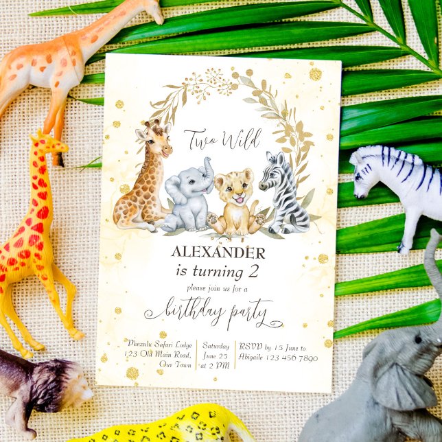 Two wild golden jungle safari animals party invite (Creator Uploaded)
