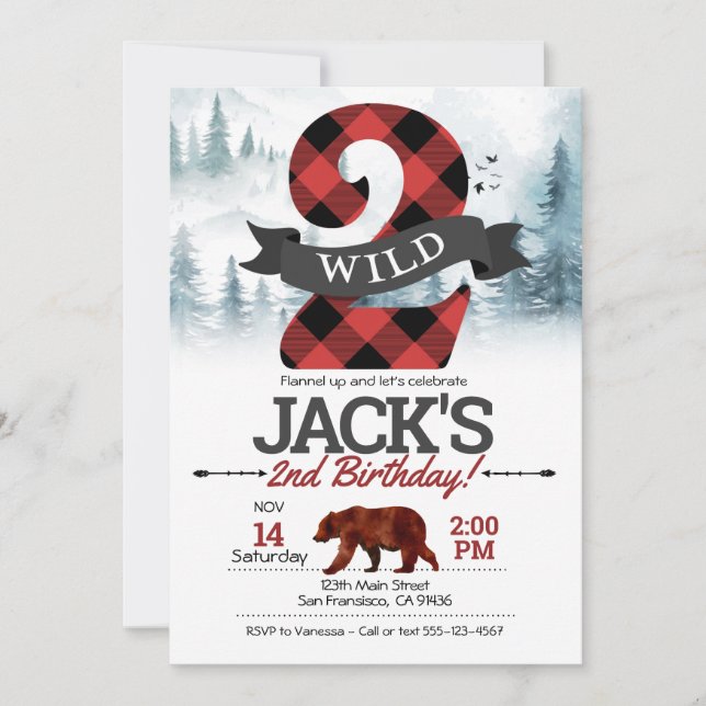 Two Wild invitation, Lumberjack 2nd Birthday Invitation (Front)