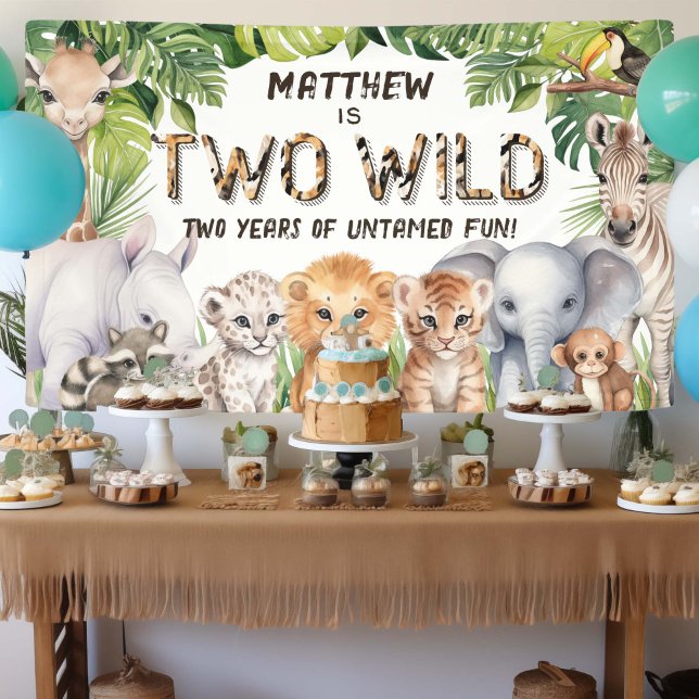 Two wild Jungle Animals 2nd birthday backdrop Banner (Two Wild, boy 2nd birthday banner)