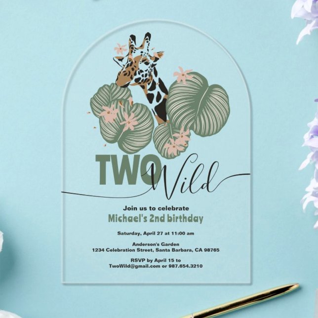  Two Wild Jungle Giraffe Animal 2nd Birthday Party Acrylic Invitations (Creator Uploaded)