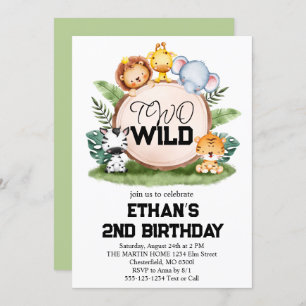 Two Wild Jungle Safari Animals 2nd Birthday Party  Invitation