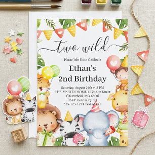 Two Wild Jungle Safari Animals 2nd Birthday Party Invitation