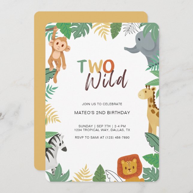 Two Wild Jungle Safari Second Birthday Party Invitation (Front/Back)