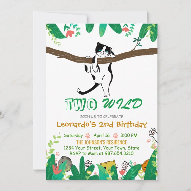 Two Wild Kitty Cat Greenery Kids' 2nd Birthday  Invitation (Front)