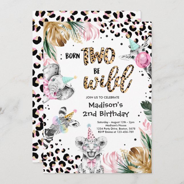 Two Wild Leopard Print Safari Animals Birthday Invitation (Front/Back)