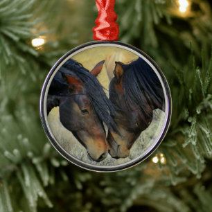 Two Wild Mahogany Bay Horses Touching Noses Metal Ornament