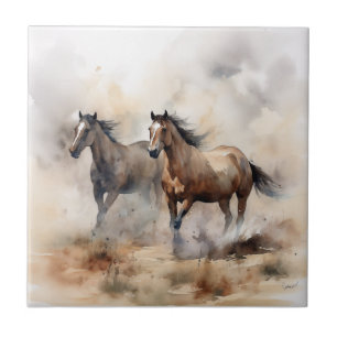 “Two Wild Mustangs ” Dusty Western Watercolour Ceramic Tile