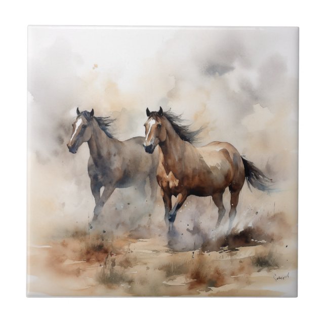 “Two Wild Mustangs ” Dusty Western Watercolour Ceramic Tile (Front)