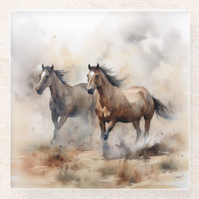 “Two Wild Mustangs ” Dusty Western Watercolour Glass Coaster (Front)