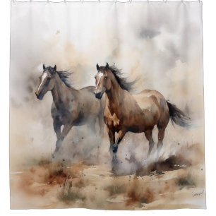 “Two Wild Mustangs ” Dusty Western Watercolour Shower Curtain