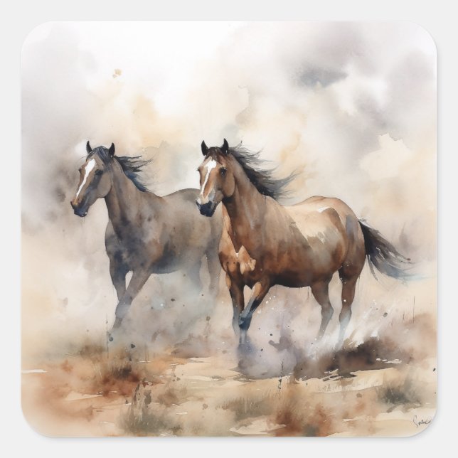 “Two Wild Mustangs ” Dusty Western Watercolour Square Sticker (Front)