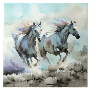 Two Wild Mustangs Race Against the Wind Ceramic Tile