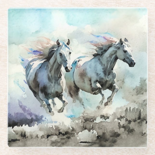 Two Wild Mustangs Race Against the Wind  Glass Coaster (Front)