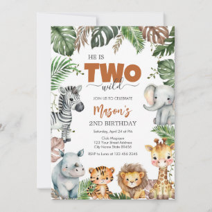 Two Wild Party Animals Kids 2nd Birthday Invitation
