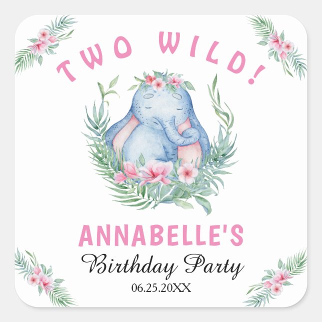 Two Wild Pink Elephant Girl's 2nd Birthday Square  Square Sticker (Front)