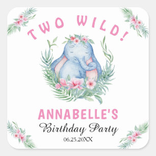 Two Wild Pink Elephant Girl's 2nd Birthday Square  Sticker