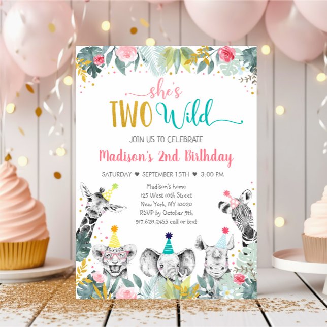 Two Wild Pink Gold Party Animal Birthday Invitation (Creator Uploaded)