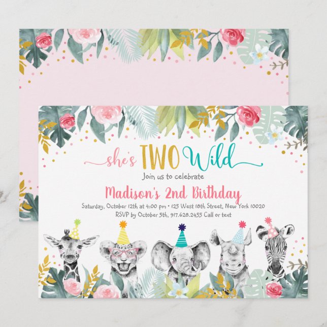 Two Wild Pink Gold Party Animal Birthday Invitation (Front/Back)