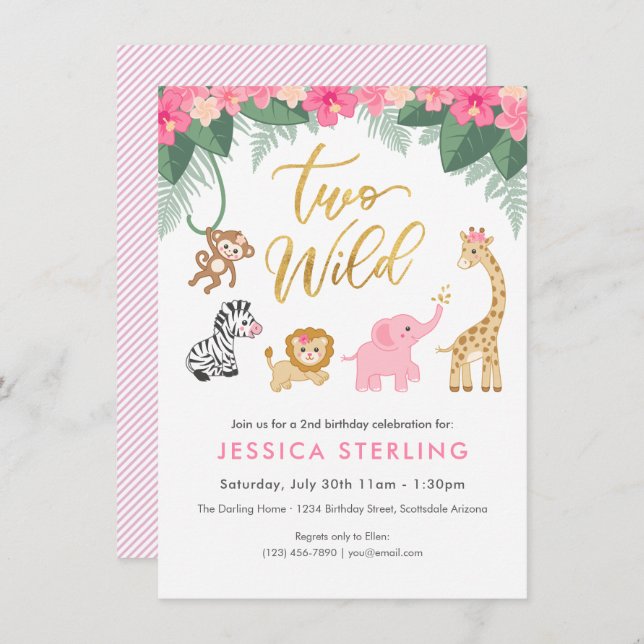 Two Wild - Pink Safari Girl's Second Birthday Invitation (Front/Back)