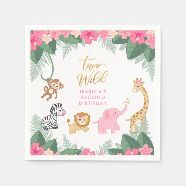 TWO WILD - Pink Safari Girl's SECOND Birthday Napkin (Front)