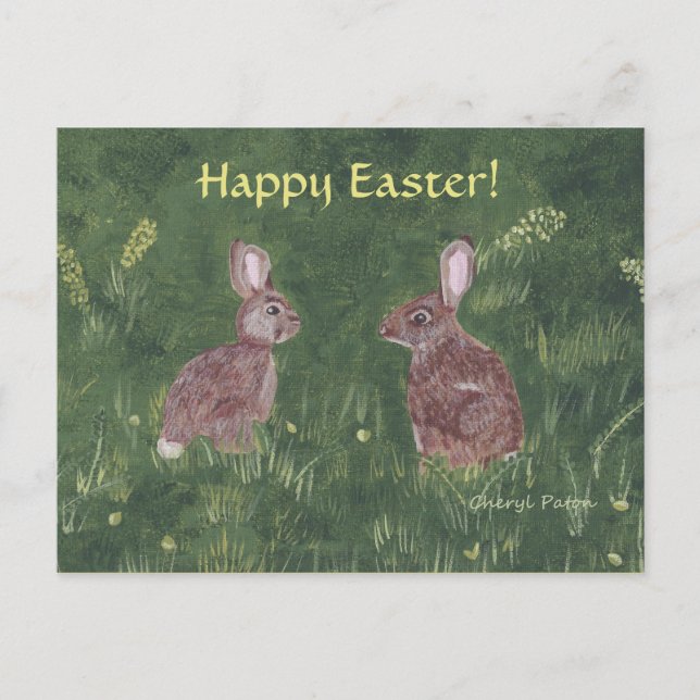 Two Wild Rabbits in Grass Happy Easter Postcards (Front)