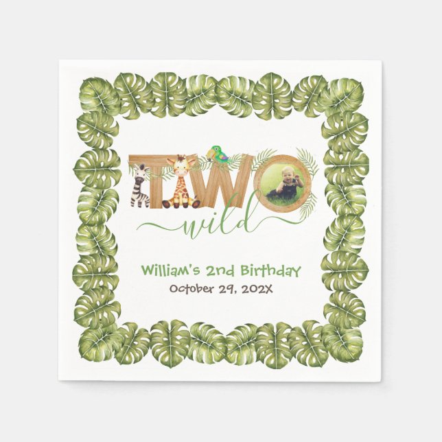 Two Wild Safari Animals 2nd Birthday Party Photo  Napkin (Front)